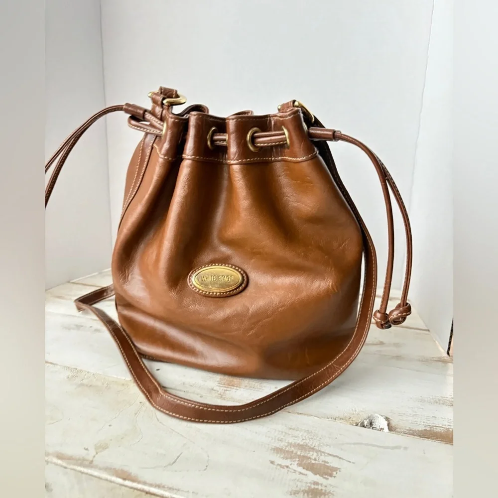 WHITE STAG 90s faux leather bucket bag drawstring crossbody purse caramel brown